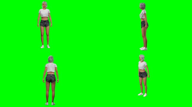 Fit female dancer in white crop top spinning with flowing hair on green screen chromakey background, graceful move, 3D animated cartoon animation style character ready for looping dance video