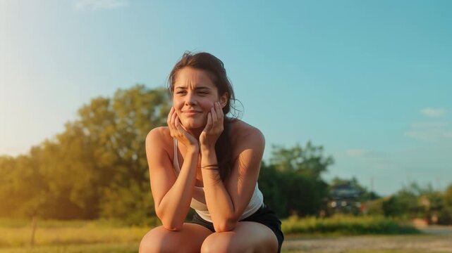 Squatting woman cupping face in park in athletic wear, sunglasses, squinting as sun warms left side