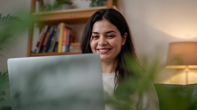 Reading new message woman smiling more while sitting on couch in sweater and jeans, laptop