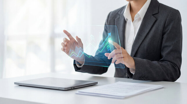 Corporate professionals reviewing business growth targets and validated KPIs through a holographic digital interface, representing performance management, goal achievement, and analytical business ins