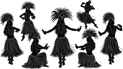 Black silhouettes of hula dancers in traditional costumes with feather headdresses, Polynesian dancers performing cultural dance isolated on white, vector illustration set © MstSahanaj