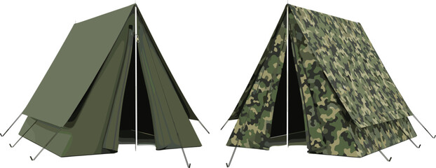 Set of two vector camping tents in olive green and camouflage patterns for military outdoor adventure scouting and forest survival equipment design © Sagar Creative