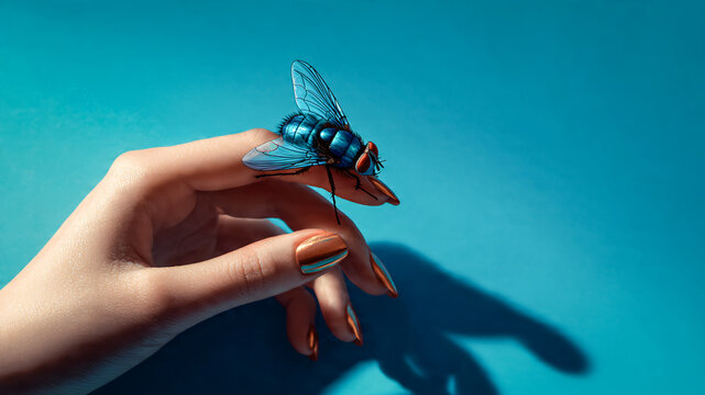 Grosse mouche domestique pos&eacute;e sur la main d'une femme