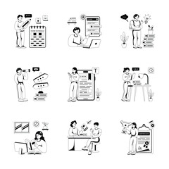 Collection of back to school and education, learning glyph style illustrations