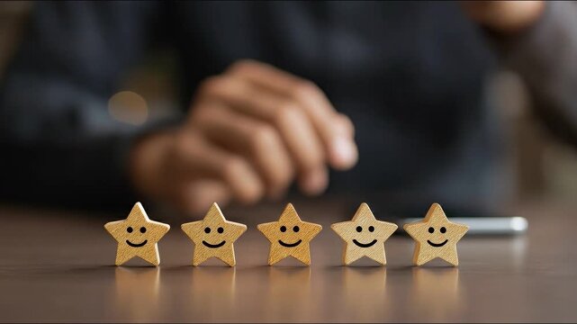 Excellent Review: A row of smiling star-shaped wooden tokens, symbolizing a flawless rating, arranged neatly on a surface, hinting at a customer's positive experience. 