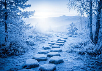 Ethereal Blue Winter Landscape: Frosty Path with Stepping Stones and Misty Horizon