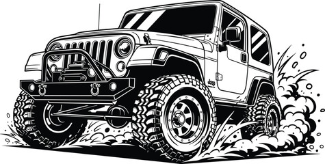 Black and white off-road SUV vector illustration, 4x4 jeep driving through mud and dirt, extreme adventure vehicle, mountain safari truck, isolated line art graphic. © MstRujifa