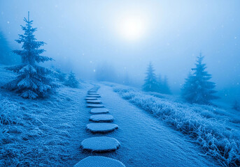 Ethereal Blue Winter Landscape: Frosty Path with Stepping Stones and Misty Horizon
