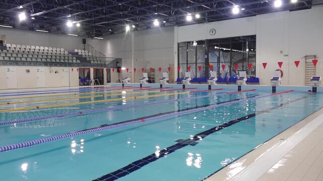 Valmiera, Latvia - January 29, 2026: Indoor swimming pool with lanes, starting blocks, and bleachers, illuminated by bright overhead lights