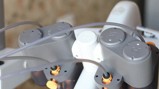 Close-up of precision mechanical parts inside a 3D printer. Concept of engineering accuracy, industrial machinery, and high-tech equipment.