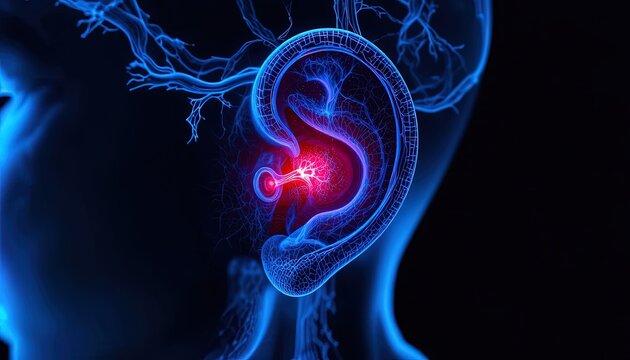 Glowing red ear anatomy with blue neural network background