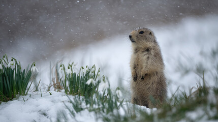 Obraz premium Groundhog standing against a blurred background of snow-covered grass, snowdrops, Groundhog Day, February 2, prairie dog, space for text, cute animal, forest, nature, marmot