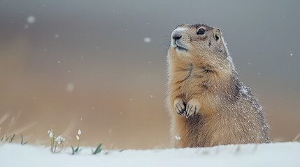 Fototapeta premium Groundhog standing against a blurred background of snow-covered grass, snowdrops, Groundhog Day, February 2, prairie dog, space for text, cute animal, forest, nature, marmot