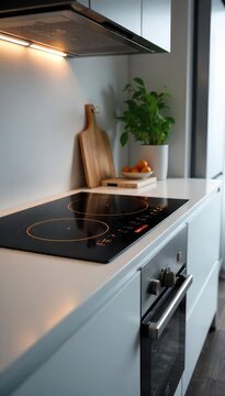 A sleek, modern electric induction cooktop with glowing elements, ready for cooking A minimalist kitchen scene featuring clean lines and stainless steel appliances , cooking surface, cooking area