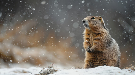 Obraz premium Groundhog standing against a blurred background of snow-covered grass, snowdrops, Groundhog Day, February 2, prairie dog, space for text, cute animal, forest, nature, marmot