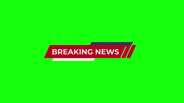 Breaking News lower-third banner on green screen: red angled ribbon with white 'BREAKING NEWS' text slides in fast from left, blue accent layer follows, slight bounce settle, glossy shine sweep.