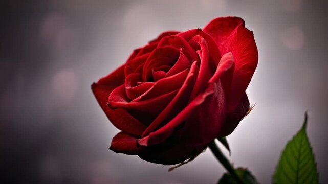 Zooming camera closing in on single red rose at studio, revealing serrated leaf and tiny thorns