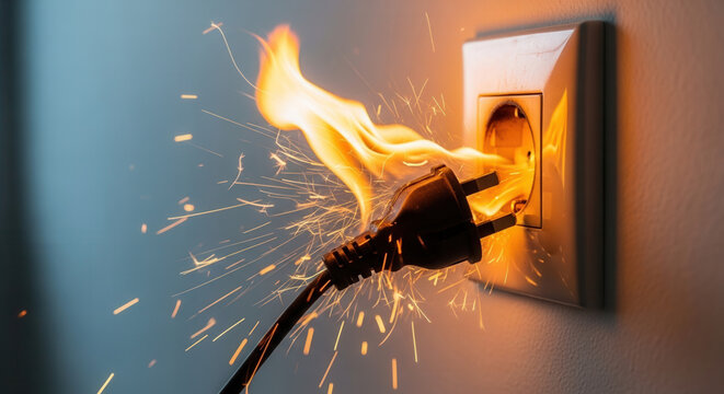 Electrical outlet fire with scorching flames, safety hazard and electrical malfunction in home wall socket