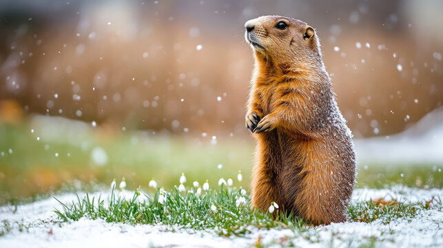 Groundhog standing against a blurred background of snow-covered grass, snowdrops, Groundhog Day, February 2, prairie dog, space for text, cute animal, forest, nature, marmot