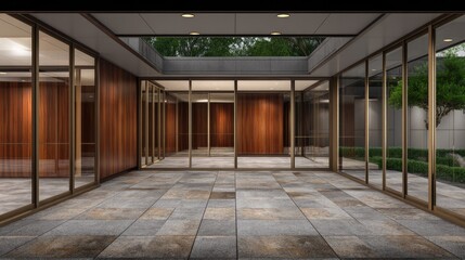 Naklejka premium A hotel lobby showcases wooden columns and wall panels, with a tiled floor and bright lights creating an inviting environment