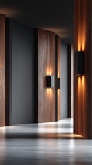 Naklejka premium A hotel lobby showcases wooden columns and wall panels, with a tiled floor and bright lights creating an inviting environment