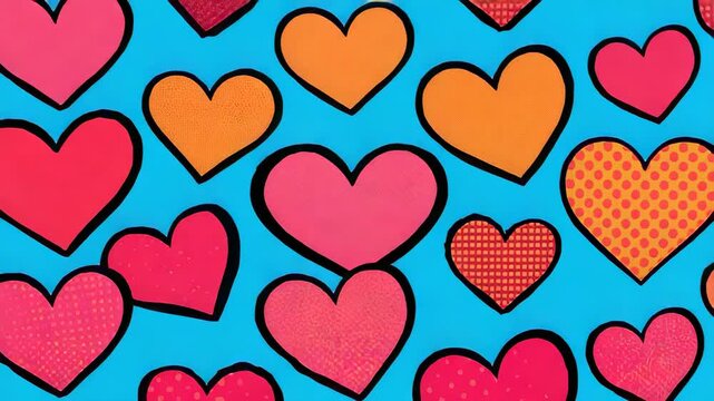 Looping pop-art hearts shifting, zooming over turquoise field for wallpaper, showing orange accents