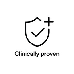 Clinically proven medical shield icon with check mark and plus sign