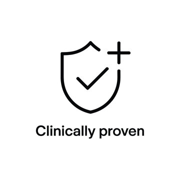 Clinically proven medical shield icon with check mark and plus sign