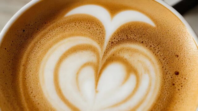 Recording camera moving inward, reframing on light counter, showing white cup with heart latte art