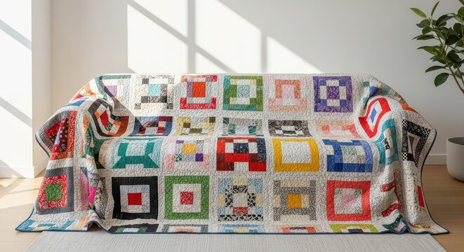 Vibrant patchwork quilt on couch indoors.