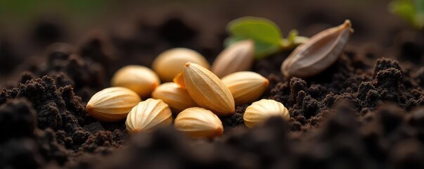 Close-up shot of various seeds nestled in rich, dark soil, ready for planting Perfect for gardening, agriculture, or spring themes Focus on textures and natural earth tones , sustainable, black