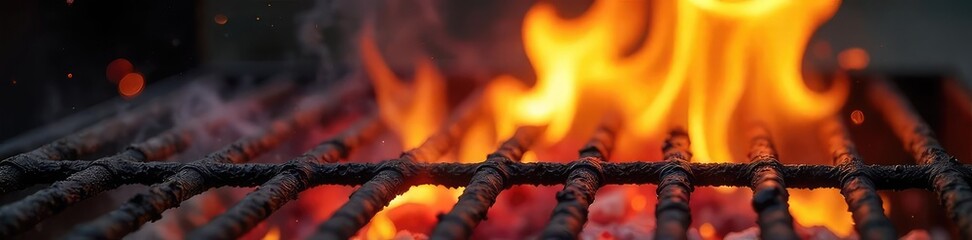 Close-up shot of vibrant flames licking the grill grates, intense heat visible, ready for cooking Perfect for barbecue, grilling, cooking, and summer themes , roasted, grilled food, grate