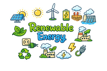 Naklejka premium Renewable Energy Icons. Hand-drawn doodle illustration of Renewable Energy Icons. Solar cell, windmill, hydro