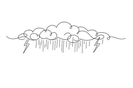 "Thunderstorm summer scene". Minimalistic one-line drawing rolling clouds with rain streaks and flashes of