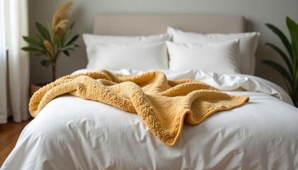 Cozy weighted blanket draped over a bed, soft textures and neutral colors creating a peaceful sleep environment Perfect for promoting relaxation and restful sleep , restful, home decor, soft