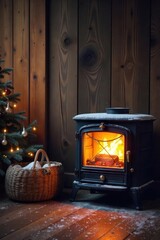 Cozy winter scene with a warm, glowing electric heater against a rustic wooden wall background Perfect for home comfort, hygge, and seasonal themes , design, ambiance, interior