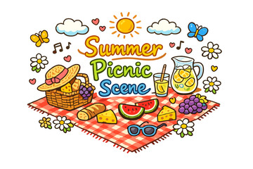 Fototapeta premium Summer Picnic Scene. Hand-drawn doodle illustration of Summer Picnic Scene. Picnic blanket, picnic basket,
