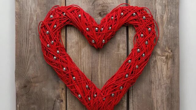 Zooming camera showing close detail of red string heart on wood panel, revealing metallic pins
