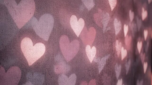 Moving lamp casting heart bokeh sliding across textured drape at home, creating warm pink glow
