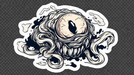 Obraz premium Creepy Monster Eyeball Sticker Illustration with Sharp Teeth and Tentacles, Horror Creature Graphic Design Element