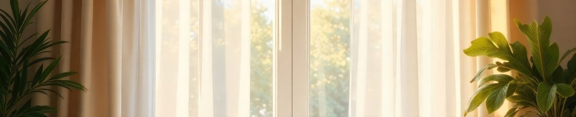 Elegant sheer window curtains gently billowing in a soft breeze, filtering sunlight into a bright, airy room Perfect for adding a touch of sophistication and privacy to any space , sun, interior