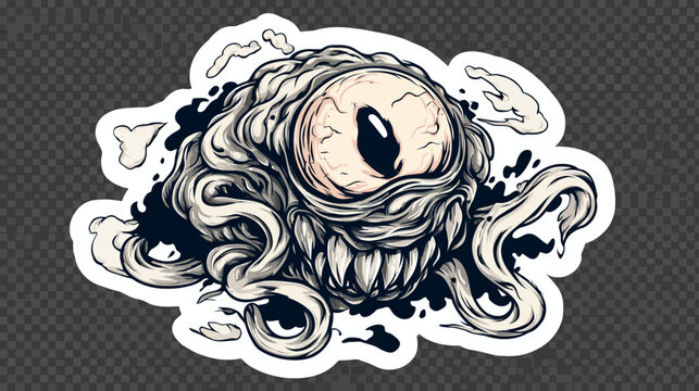 Creepy Monster Eyeball Sticker Illustration with Sharp Teeth and Tentacles, Horror Creature Graphic Design Element