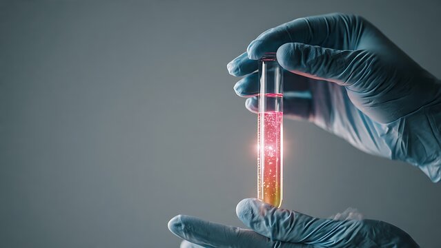 Gloved hands holding test tube with glowing sample for rare disease research