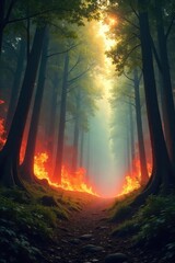 Fierce battle raging within a dense, ancient forest; sunlight streams through the canopy illuminating the chaos Trees ablaze, smoke fills the air, a scene of epic struggle , destruction, hazard