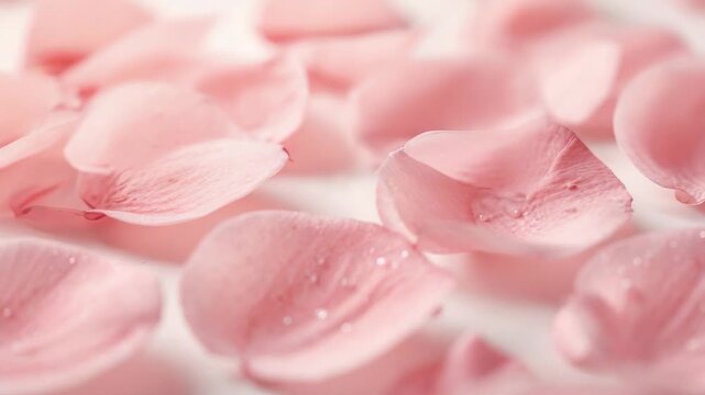 Pulling camera focus revealing central pink petal on white tabletop, showing dewy droplets