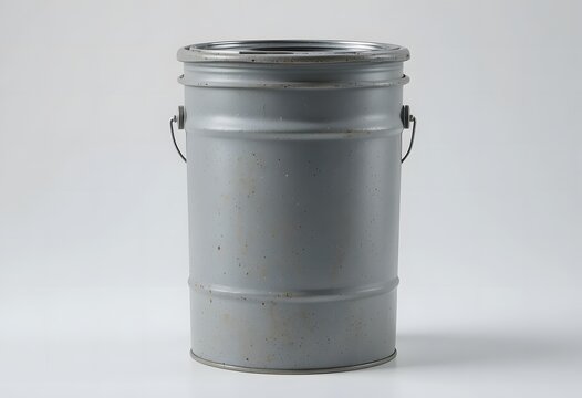 A single gray metal industrial can with a lid and wire handle, isolated on a white background. 5 gallon pail oil