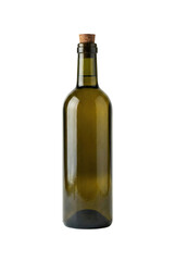 Green glass wine bottle with cork isolated. Alcohol beverage mockup.