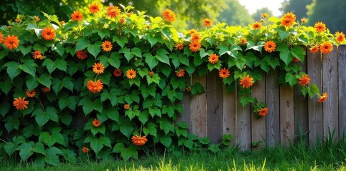Luscious green vines overflowing with vibrant summer blooms, climbing a rustic wooden fence in bright sunlight Perfect for summer, nature, growth, and garden themes , bloom, vertical