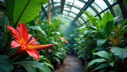 Lush vibrant tropical foliage thrives in a humid greenhouse environment Large leaves, bright flowers, and exotic textures showcase the beauty of tropical flora , bromeliads, deep green, vegetation