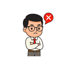 Male teacher disapproving cartoon illustration. Man with glasses and red tie crossing arms with red X icon in speech bubble.